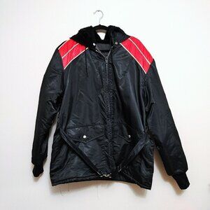 Vintage 70's Edco Snowmobile Skidoo Belted Hooded Jacket Size Large Black Red Ma